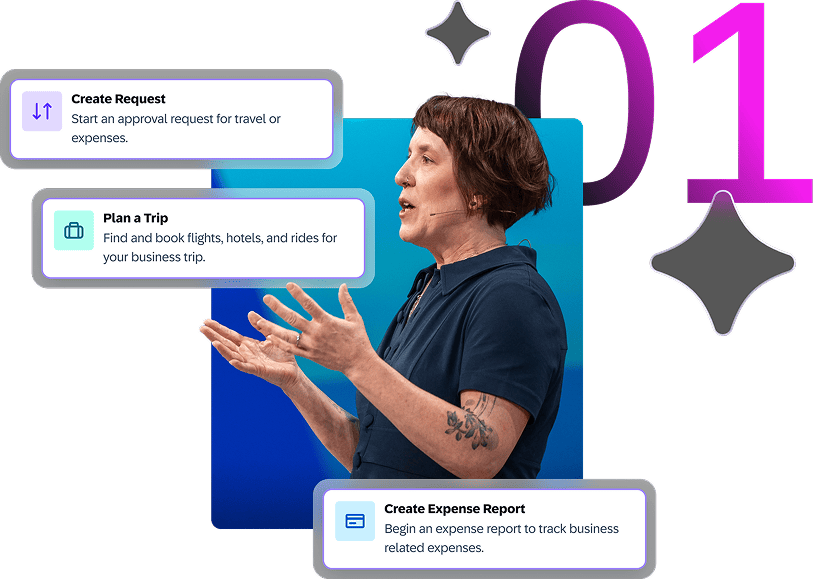 A person speaks passionately on stage. There are Concur UI elements overlayed on top with options to "Create Request," "Plan a Trip," and "Create Expense Report."