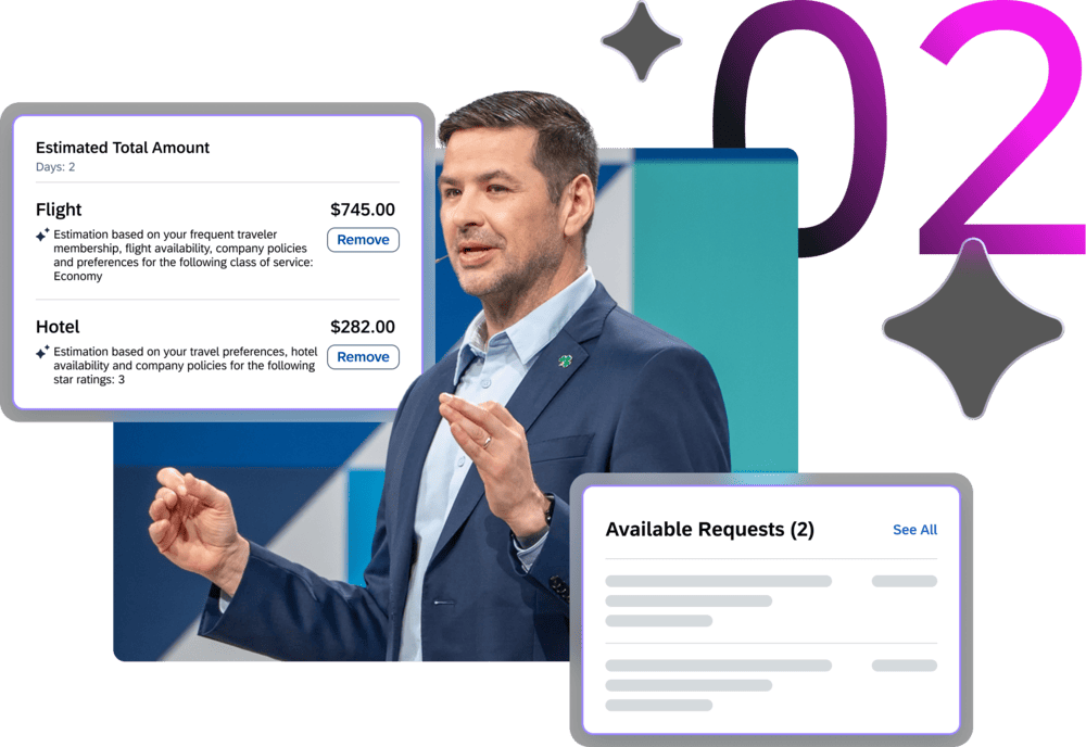 A man in a suit is standing on stage giving a keynote. There is an overlay of UI elements showcasing travel cost details for flight and hotel and available requests within Concur platform.