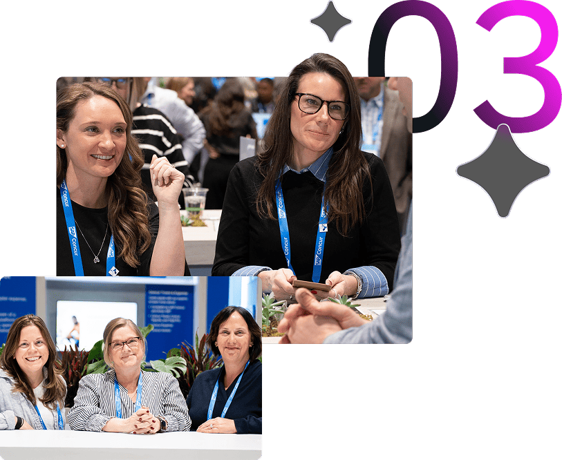 Two images overlayed featuring people in discussions at a conference. Lanyards identify attendees. The tone is professional and engaged.