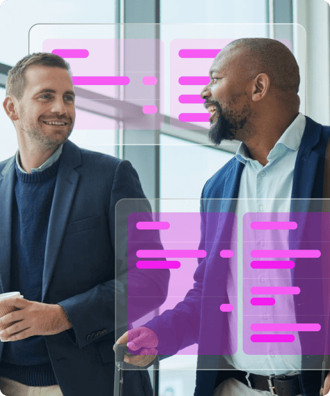 Two men in business attire smiling at each other in an airport, with digital interface of data blocks above them.