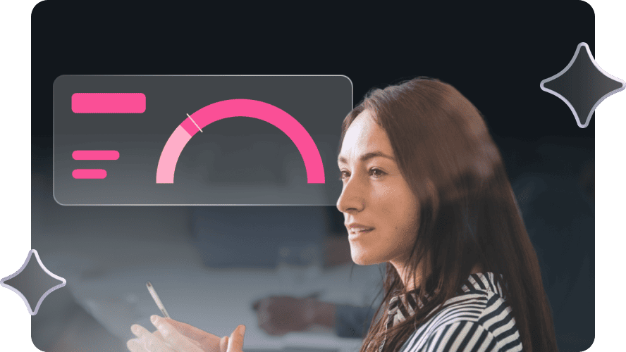 A woman in a striped shirt is holding a pen, looking thoughtful. A semi-transparent pink graph overlay, including a semicircle chart, suggests data analysis.