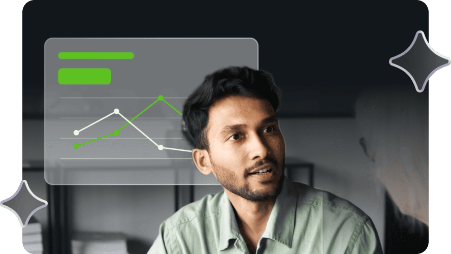 A man is engaged in a discussion, with a graph overlay of fluctuating lines in green and white. The setting is professional and focused.