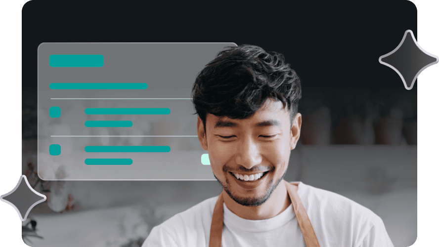 Smiling person in a white shirt and apron holds a tablet, with digital interface icons hovering above. Background shows plants, expressing a modern and cheerful setting.