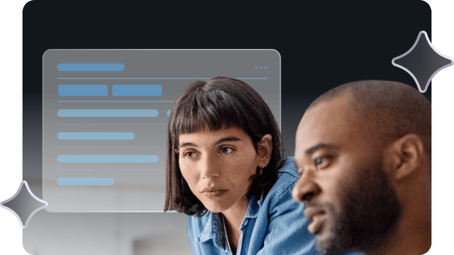 Two individuals focus intently on a computer screen, with overlaid digital elements symbolizing coding. The tone is concentrated and collaborative.