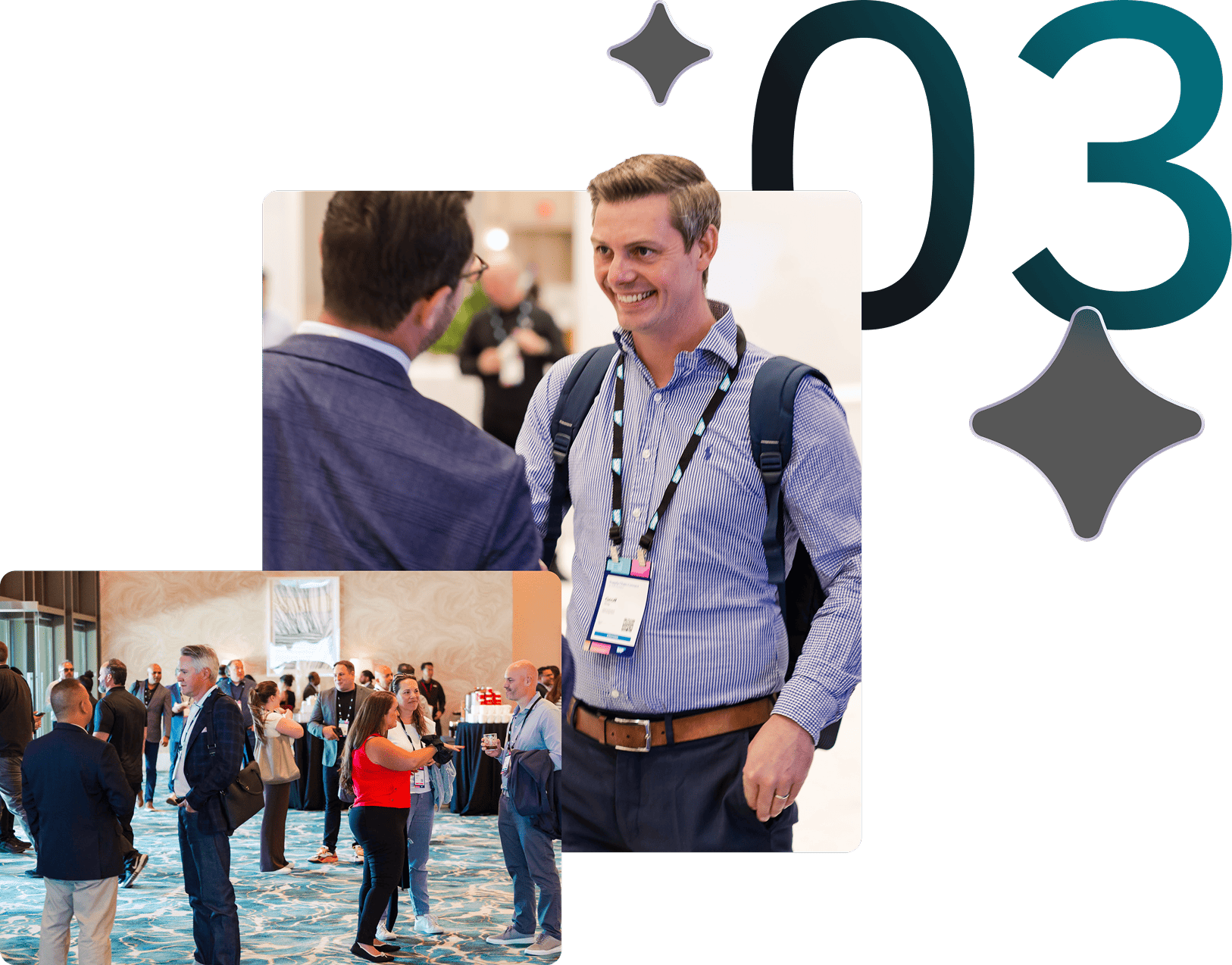 People at a networking event, dressed formally, engage in conversations. The background is vibrant.