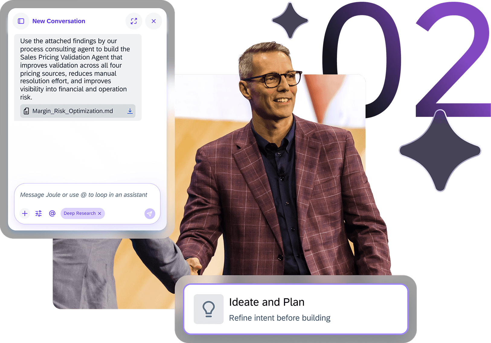 A person in a suit speaks on stage. Overlay text discusses a sales pricing validation agent.