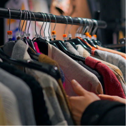Close up of a rack of hanging clothes in a shop