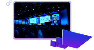 Christian Klein on stage at SAP Sapphire Orlando with SAP gradient anvils fanning out