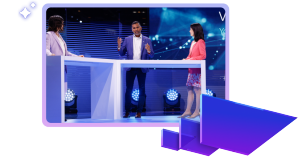 SAP Sapphire speakers at the virtual studio with SAP gradient anvils fanning out