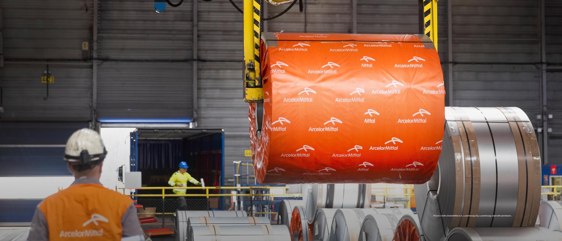 Rolls of steel being produced and packaged at ArcelorMittal facility