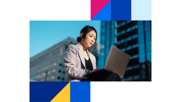 A woman in a light-colored blazer works on a laptop outdoors, with modern city buildings and a clear blue sky in the background. Colorful geometric shapes frame the top and bottom of the image.