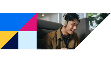  A smiling young man wearing headphones in an office, next to a colorful geometric graphic.