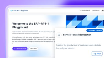 截屏：SAP-RPT playground 登录页面，其中包含设备寻源、服务工单优先级排序及付款延迟预测等示例场景，供用户测试 SAP-RPT-1 模型。