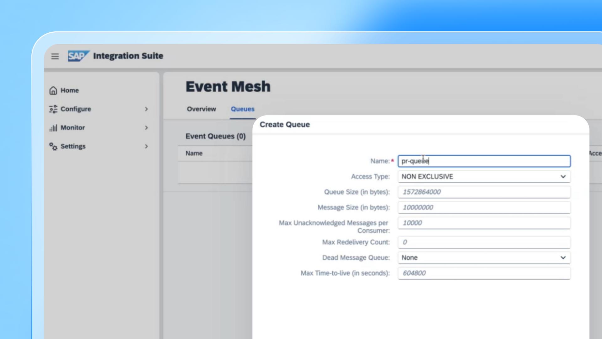 SAP Integration Suite 事件网格界面的截屏，显示了带有队列名称、访问类型、大小、消息限制和生存时间设置字段的“Create Queue”对话框。