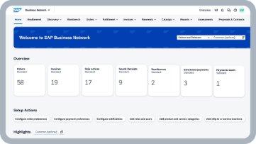 SAP Business Network [商业网络] 中的欢迎界面，显示订单、发票、发货通知、收货等