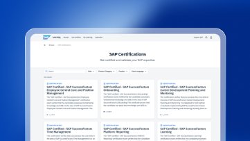 SAP Certification 门户界面，显示开放的认证路径和备考选项。