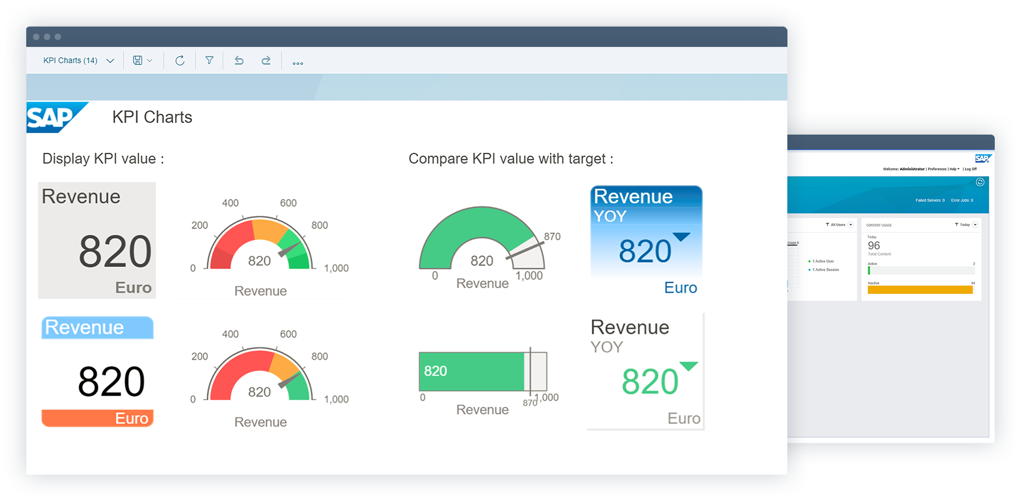 两台显示器显示 SAP BusinessObjects Business Intelligence 套件仪表盘