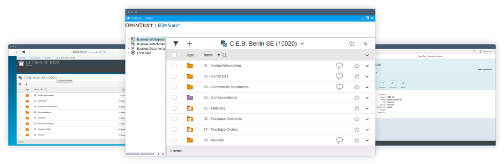 三个计算机监视器连续显示 OpenText 运行中的 SAP Extended Enterprise Content Management 应用程序的屏幕截图