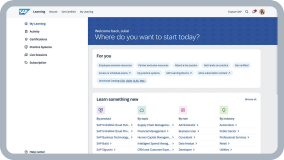 SAP Learning Hub interface showing the course search and discovery screen with the prompt 'What do you want to learn today?'