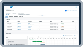 Screenshot of a process step detail dashboard tracking progress via lists and a Gantt chart.