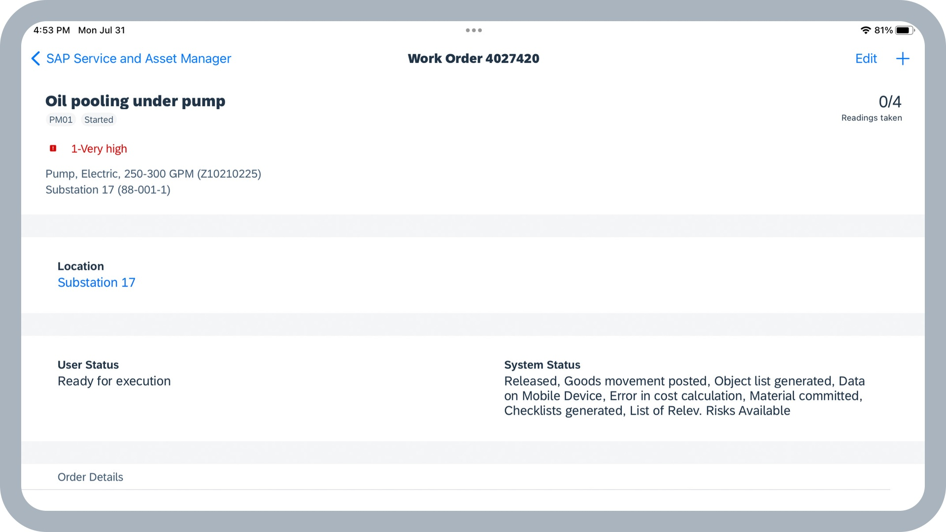 截屏：SAP Service and Asset Manager 和机器零部件的图片 