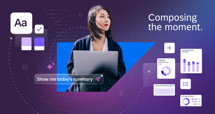 Illustration of a person holding a laptop against a purple gradient background, surrounded by abstract UI elements, charts, and icons representing AI‑driven design and data composition, with the words “Composing the moment.” displayed on the right.