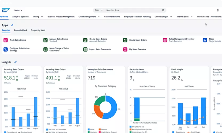 SAP S/4HANA Cloud public edition interface, main dashboard, and configuration
