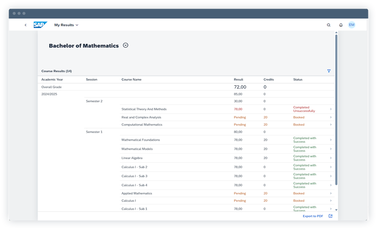 Screenshot of the grading workspace, displaying courses taken, grades, credits, and status.