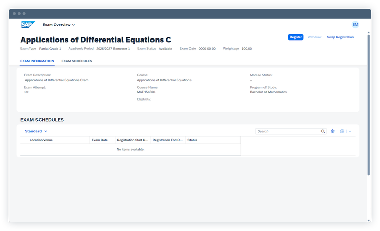 Screenshot of the Exam Overview screen displaying exam information, schedule, and registration information.