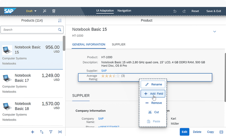 I Adaptation with products on the left and product details on the right in a laptop device