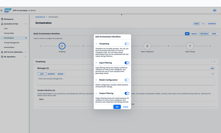 Screenshot of Edit Orchestration Workflow of SAP AI Launchpad page
