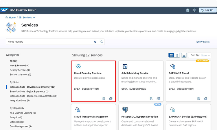 Services screen with categories on the left and services on the right in a desktop device