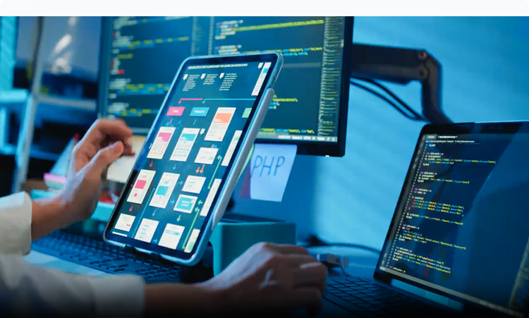 Worker using mobile apps alongside desktop