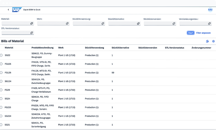 Screenshot of Bill of Materials (BOM)
