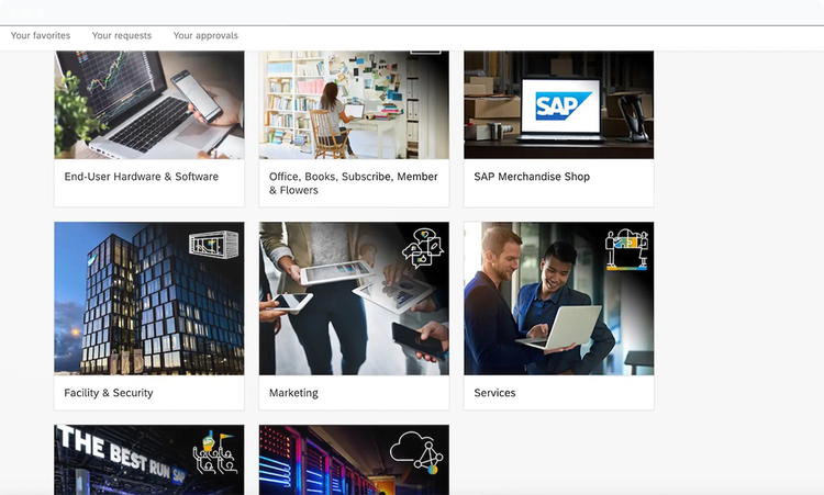 Laptop screen displaying SAP services, including end-user software, office subscriptions, and marketing tools, for business solutions.